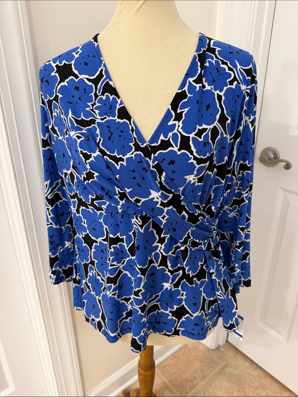 Kasper Petite Blue Floral Wrap-Style Blouse